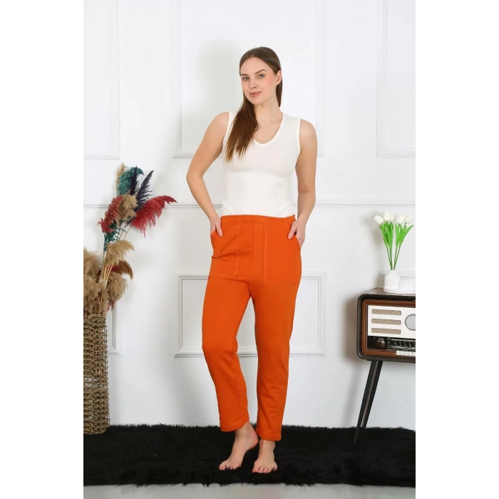 Moda Kadın Pamuk Cepli 3 İplik Alt Eşofman Kiremit