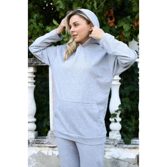 Moda Kadın Pamuk Kapşonlu Cepli 3 İplik Gri Eşofman Takım