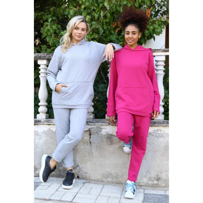 Moda Kadın Pamuk Kapşonlu Cepli 3 İplik Gri Eşofman Takım