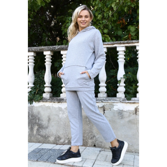 Moda Kadın Pamuk Kapşonlu Cepli 3 İplik Gri Eşofman Takım