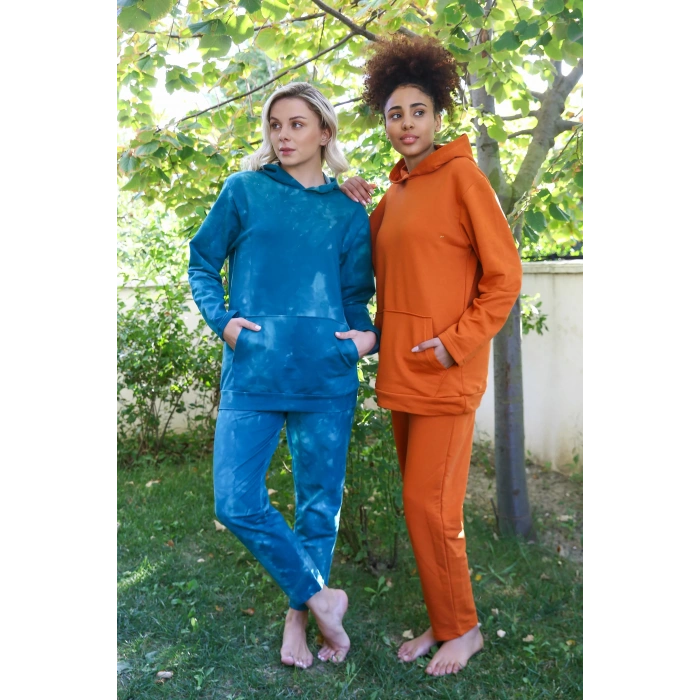 Moda Kadın Pamuk Kapşonlu Cepli 3 İplik Kiremit Eşofman Takım