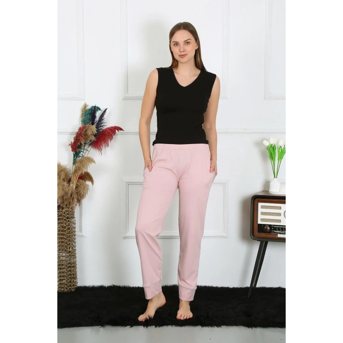 Moda Kadın Pamuk Penye Cepli Tek Alt Pijama Pudra