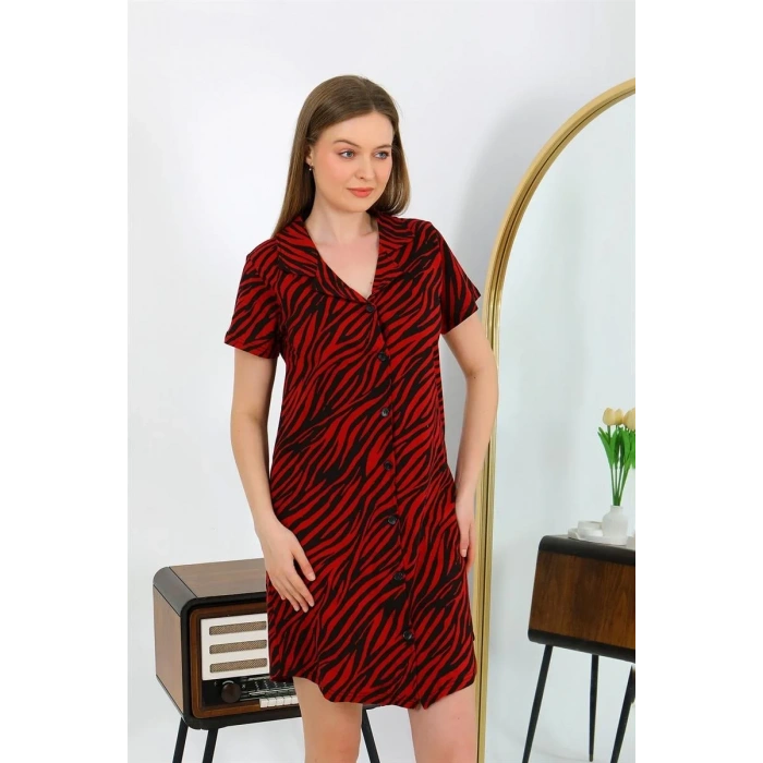 Moda Kadın Pamuk Penye Kısa Kol Düğmeli Bordo Tunik Gecelik