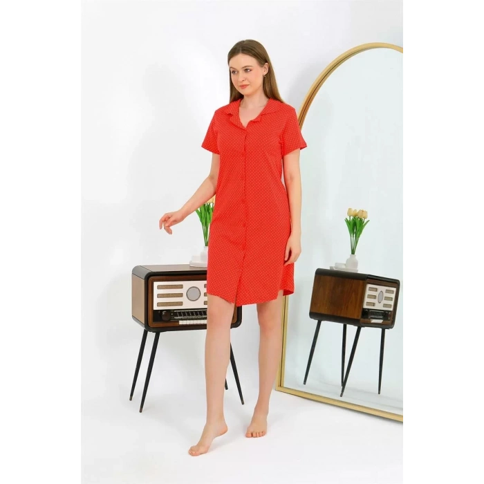 Moda Kadın Pamuk Penye Kısa Kol Düğmeli Kırmızı Tunik Gecelik