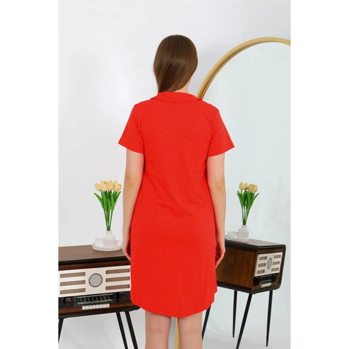 Moda Kadın Pamuk Penye Kısa Kol Düğmeli Kırmızı Tunik Gecelik