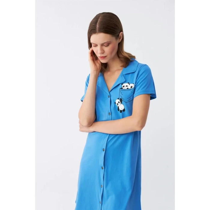Moda Kadın Pamuk Penye Kısa Kol Düğmeli Mavi Tunik Gecelik