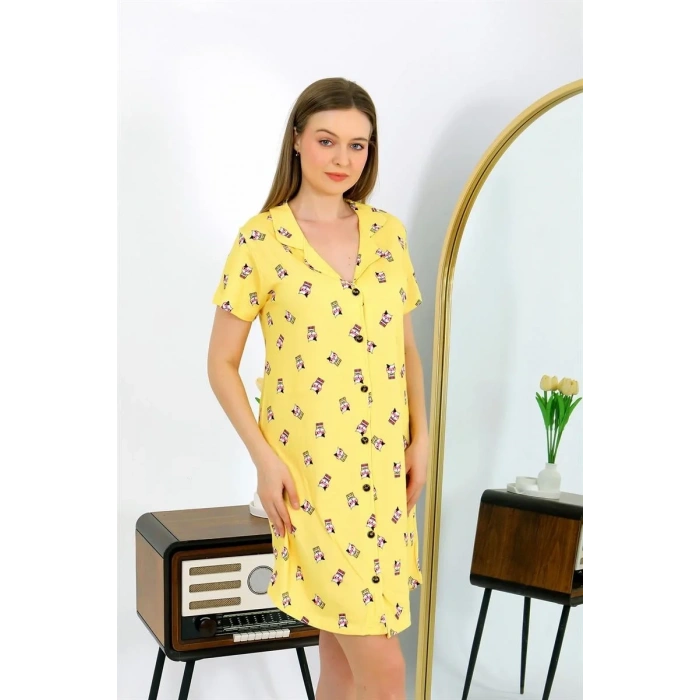 Moda Kadın Pamuk Penye Kısa Kol Düğmeli Sarı Tunik Gecelik