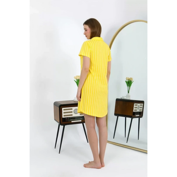 Moda Kadın Pamuk Penye Kısa Kol Düğmeli Sarı Tunik Gecelik