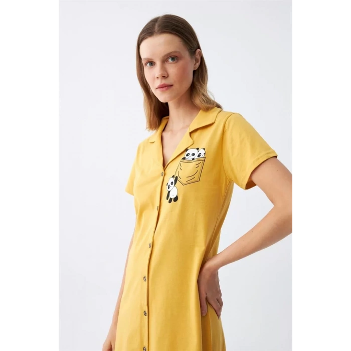 Moda Kadın Pamuk Penye Kısa Kol Düğmeli Sarı Tunik Gecelik