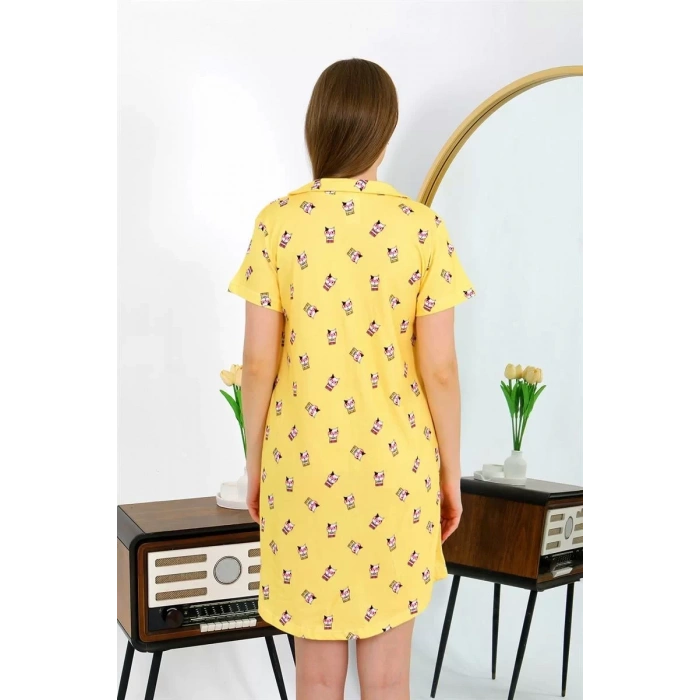 Moda Kadın Pamuk Penye Kısa Kol Düğmeli Sarı Tunik Gecelik