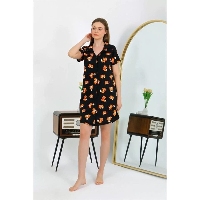 Moda Kadın Pamuk Penye Kısa Kol Düğmeli Siyah Tunik Gecelik