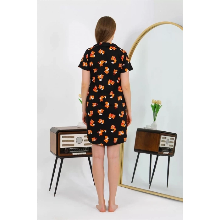 Moda Kadın Pamuk Penye Kısa Kol Düğmeli Siyah Tunik Gecelik