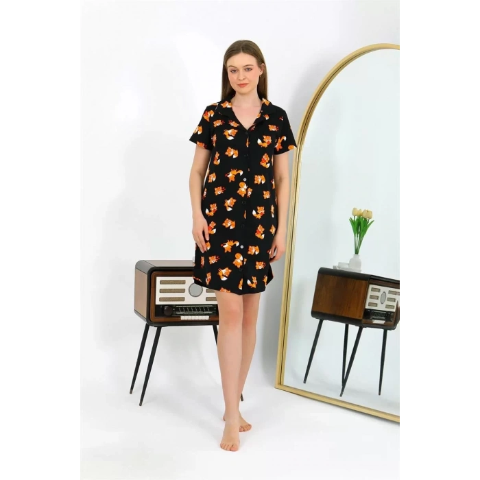 Moda Kadın Pamuk Penye Kısa Kol Düğmeli Siyah Tunik Gecelik