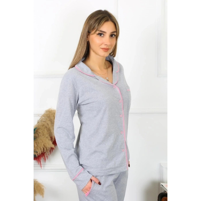 Moda Kadın Pamuk Penye Önden Düğmeli Uzun Kol Gri Pijama Takım