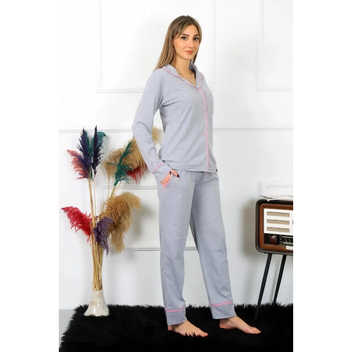 Moda Kadın Pamuk Penye Önden Düğmeli Uzun Kol Gri Pijama Takım