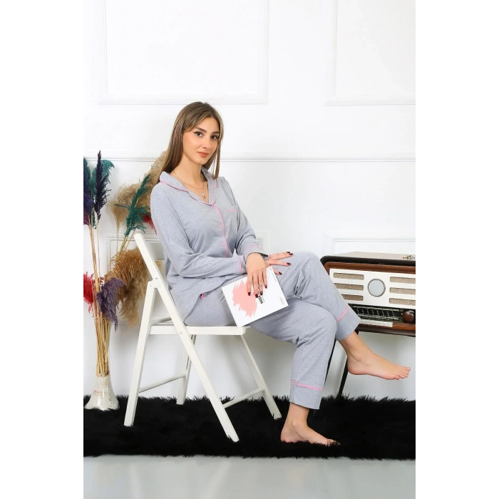 Moda Kadın Pamuk Penye Önden Düğmeli Uzun Kol Gri Pijama Takım