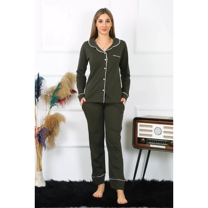 Moda Kadın Pamuk Penye Önden Düğmeli Uzun Kol Haki Pijama Takım