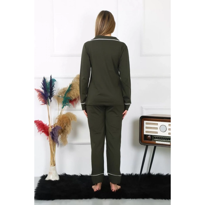 Moda Kadın Pamuk Penye Önden Düğmeli Uzun Kol Haki Pijama Takım