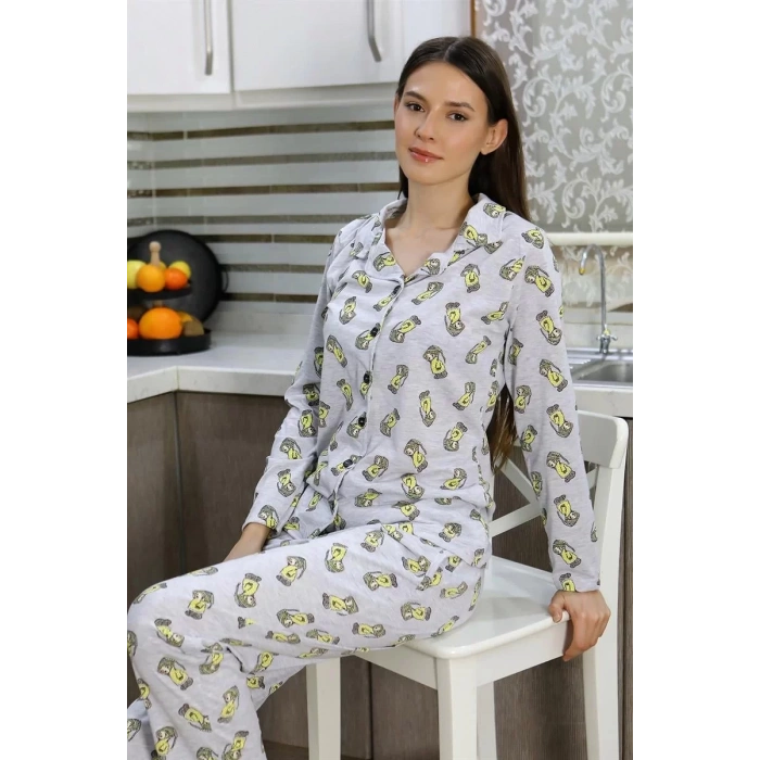 Moda Kadın Pamuk Penye Önden Düğmeli Uzun Kol Pijama Takım Gri