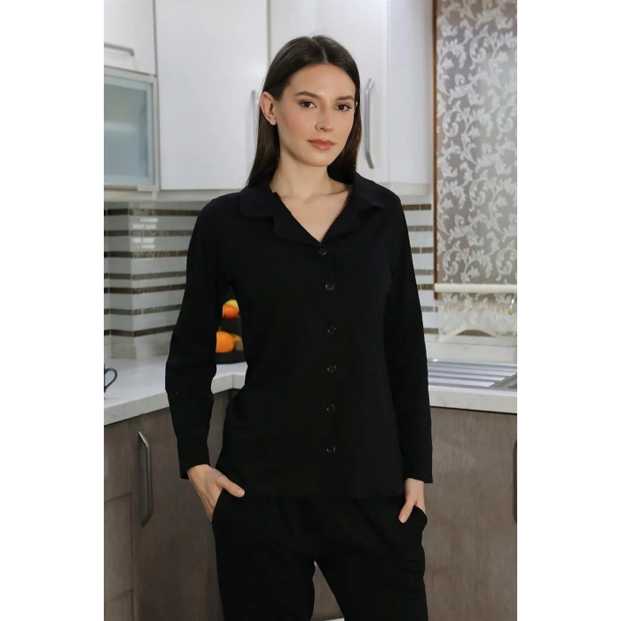 Moda Kadın Pamuk Penye Önden Düğmeli Uzun Kol Pijama Takım Siyah