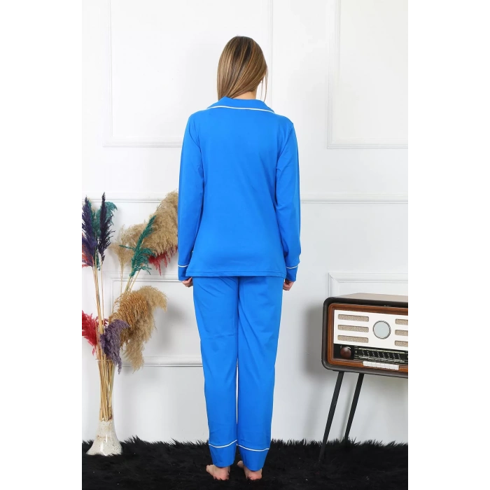 Moda Kadın Pamuk Penye Önden Düğmeli Uzun Kol Saks Pijama Takım