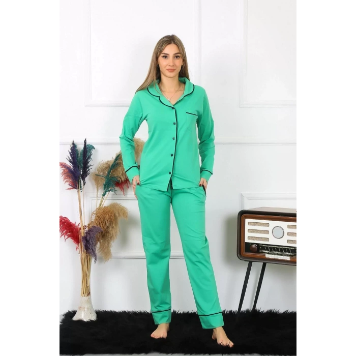 Moda Kadın Pamuk Penye Önden Düğmeli Uzun Kol Yeşil Pijama Takım