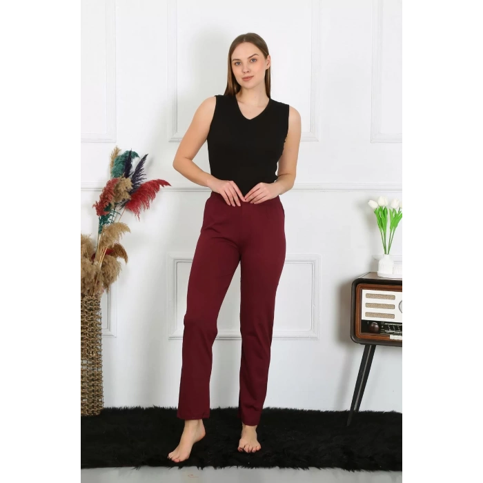 Moda Kadın Pamuk Penye Tek Alt Pijama Bordo