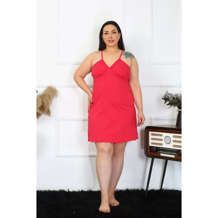 Moda Kadın Pamuklu Fuşya İp Askılı Büyük Beden Gecelik