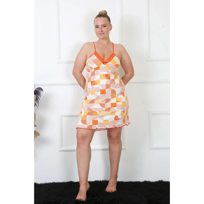 Moda Kadın Pamuklu İp Askılı Büyük Beden Gecelik Sarı