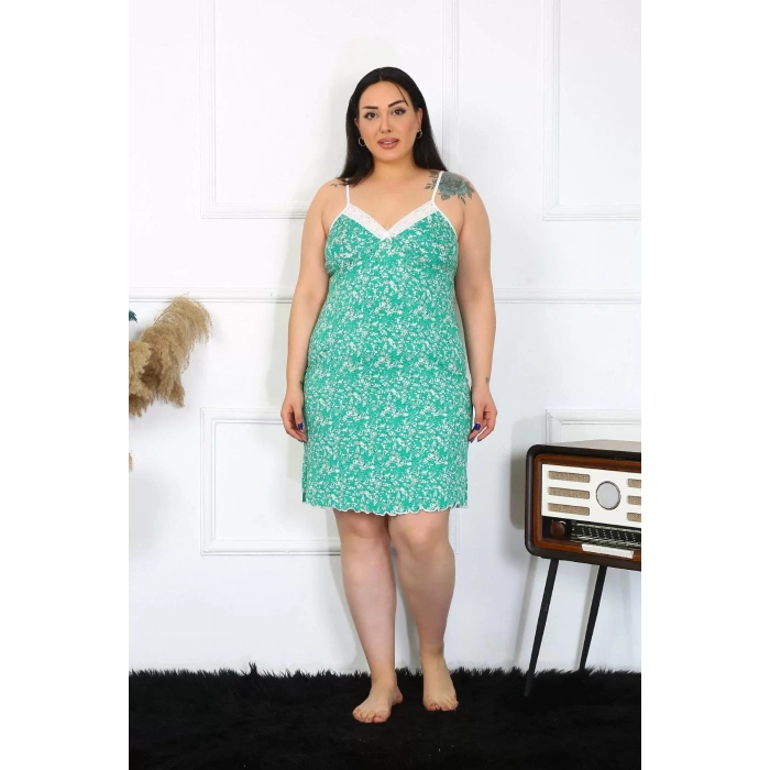 Moda Kadın Pamuklu İp Askılı Büyük Beden Gecelik Turkuaz