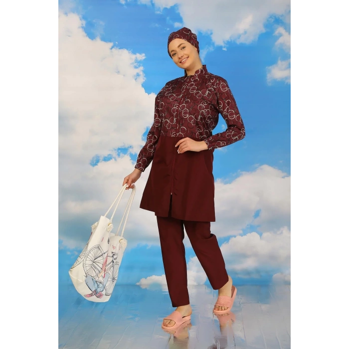 Moda Kadın Pantolonlu Desenli Tam Tesettür Mayo Bordo