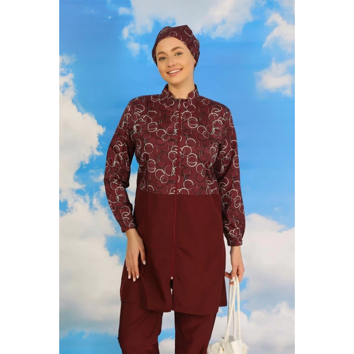 Moda Kadın Pantolonlu Desenli Tam Tesettür Mayo Bordo