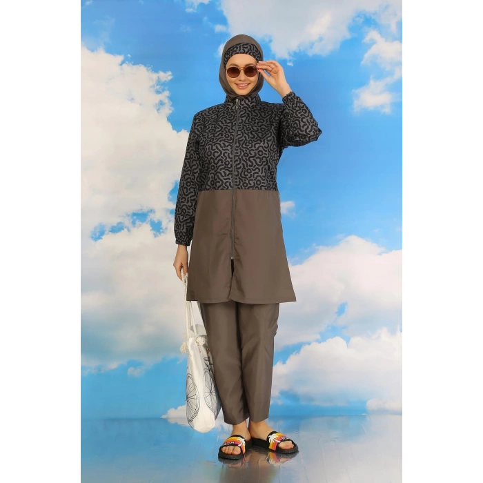 Moda Kadın Pantolonlu Desenli Tam Tesettür Mayo Füme