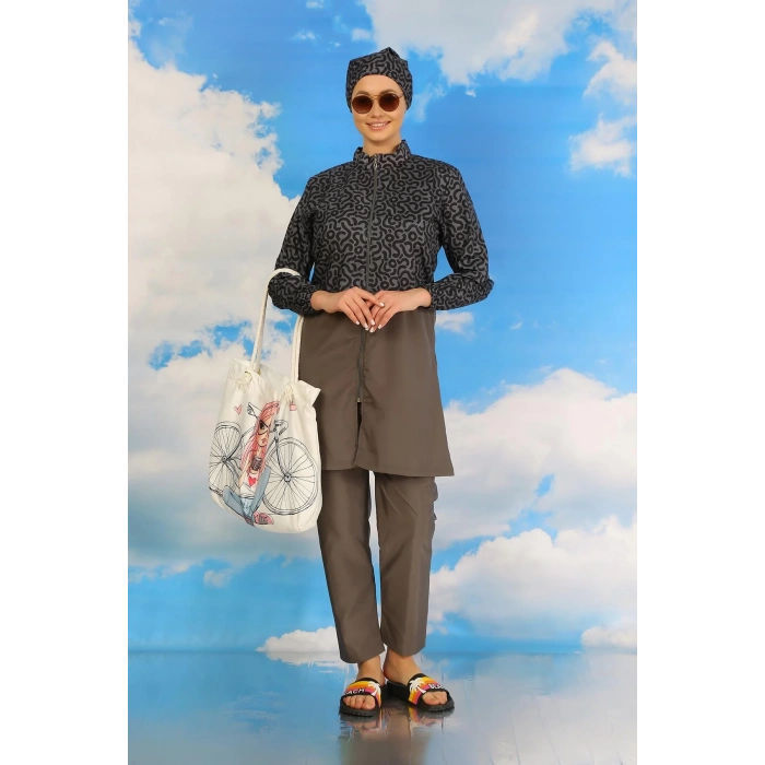 Moda Kadın Pantolonlu Desenli Tam Tesettür Mayo Füme