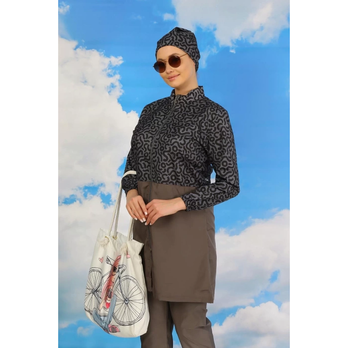 Moda Kadın Pantolonlu Desenli Tam Tesettür Mayo Füme