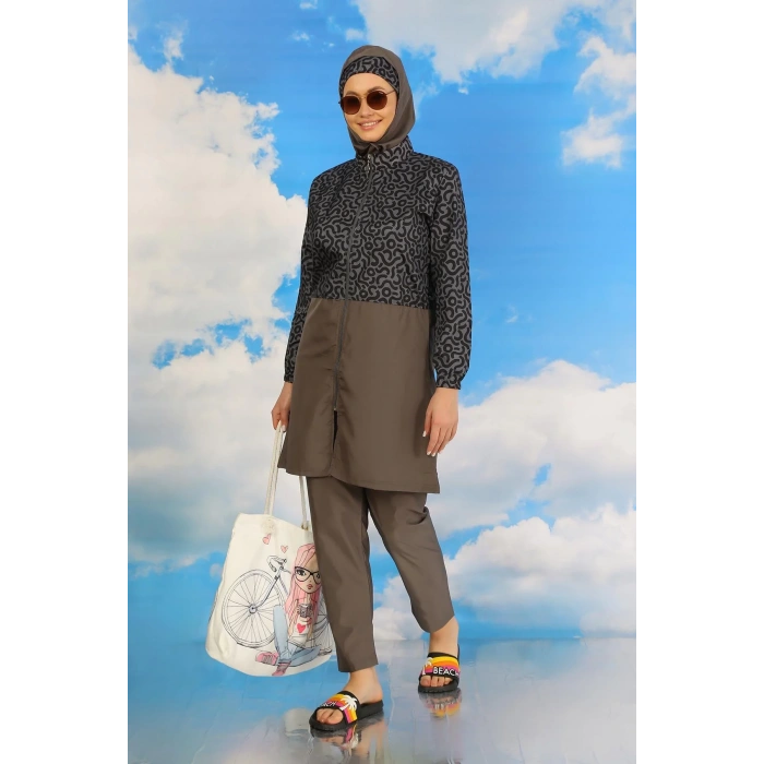 Moda Kadın Pantolonlu Desenli Tam Tesettür Mayo Füme