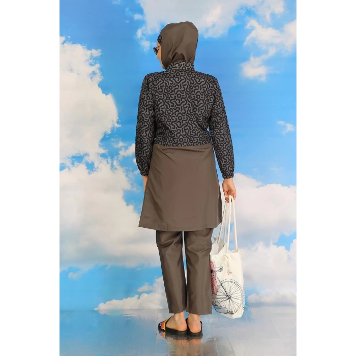 Moda Kadın Pantolonlu Desenli Tam Tesettür Mayo Füme