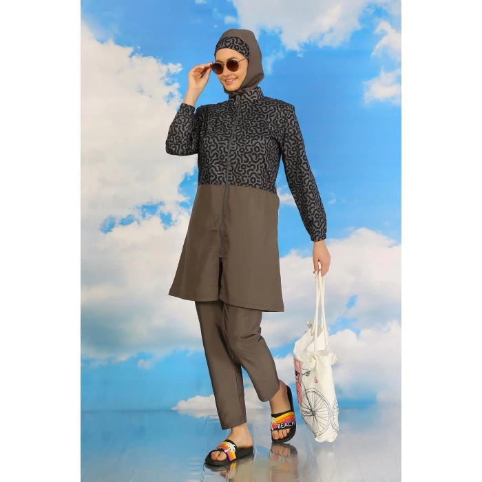 Moda Kadın Pantolonlu Desenli Tam Tesettür Mayo Füme