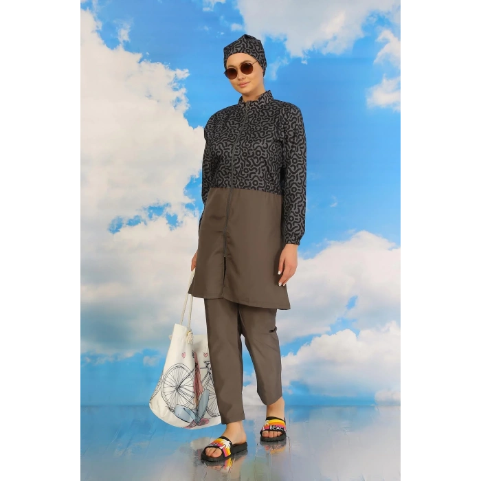 Moda Kadın Pantolonlu Desenli Tam Tesettür Mayo Füme