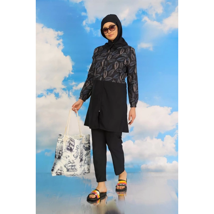 Moda Kadın Pantolonlu Desenli Tam Tesettür Mayo Lacivert