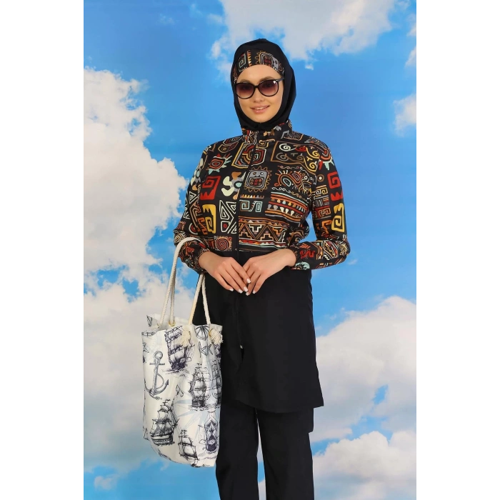 Moda Kadın Pantolonlu Desenli Tam Tesettür Mayo Lacivert