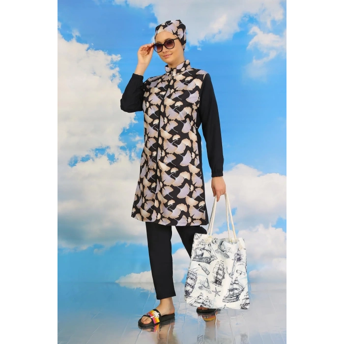 Moda Kadın Pantolonlu Desenli Tam Tesettür Mayo Lacivert