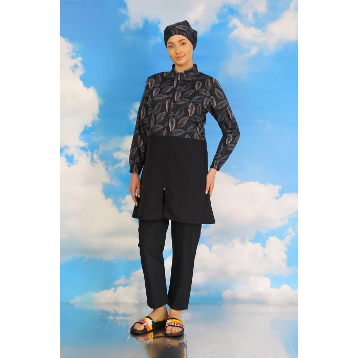 Moda Kadın Pantolonlu Desenli Tam Tesettür Mayo Lacivert