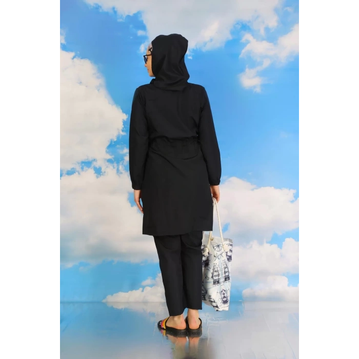 Moda Kadın Pantolonlu Desenli Tam Tesettür Mayo Lacivert