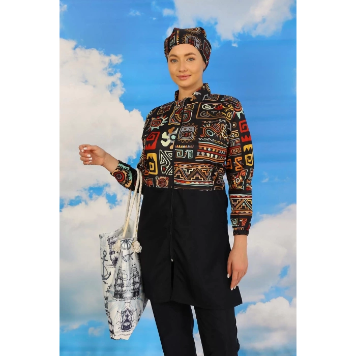 Moda Kadın Pantolonlu Desenli Tam Tesettür Mayo Lacivert