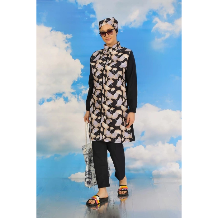 Moda Kadın Pantolonlu Desenli Tam Tesettür Mayo Lacivert