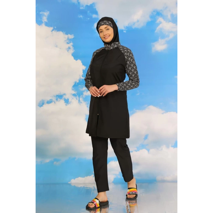 Moda Kadın Pantolonlu Desenli Tam Tesettür Mayo Siyah