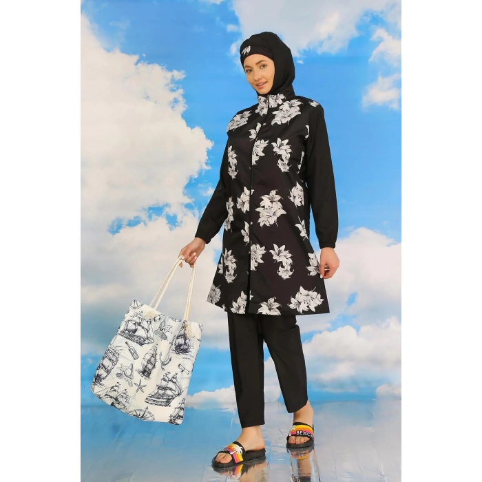 Moda Kadın Pantolonlu Desenli Tam Tesettür Mayo Siyah