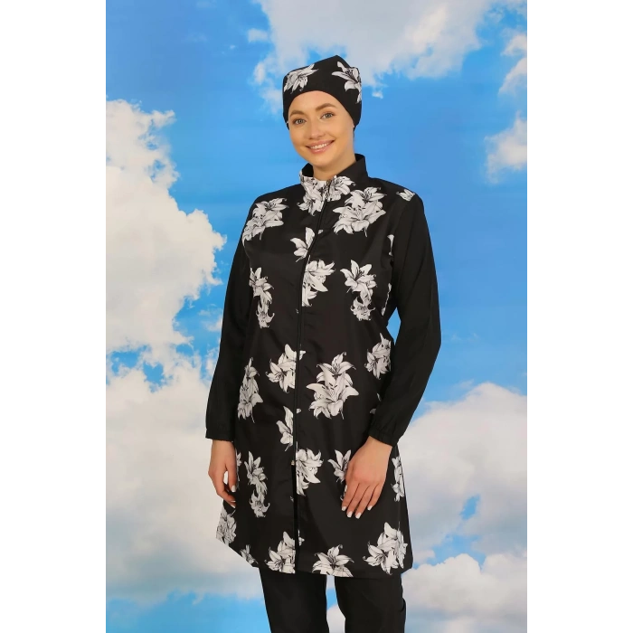 Moda Kadın Pantolonlu Desenli Tam Tesettür Mayo Siyah