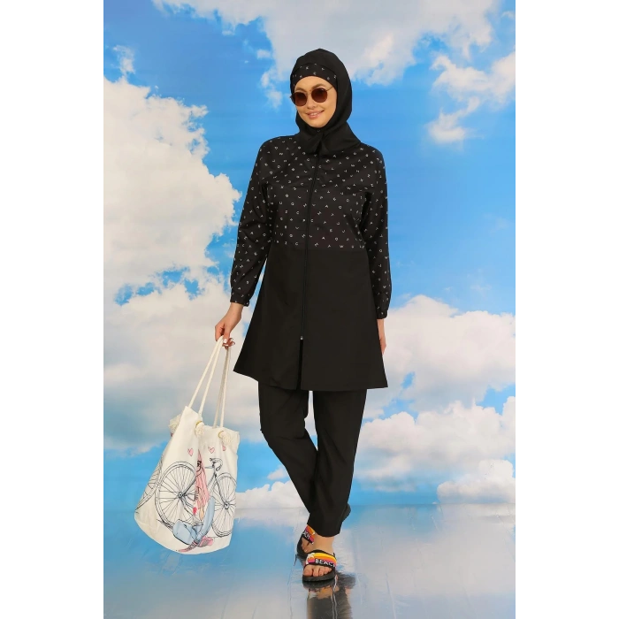 Moda Kadın Pantolonlu Desenli Tam Tesettür Mayo Siyah